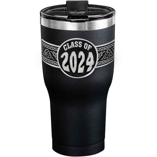 A customized tumbler made of stainless steel with a personalized engraved Class of 2024 lettering, 30 oz, ideal for coffee or cool drinks